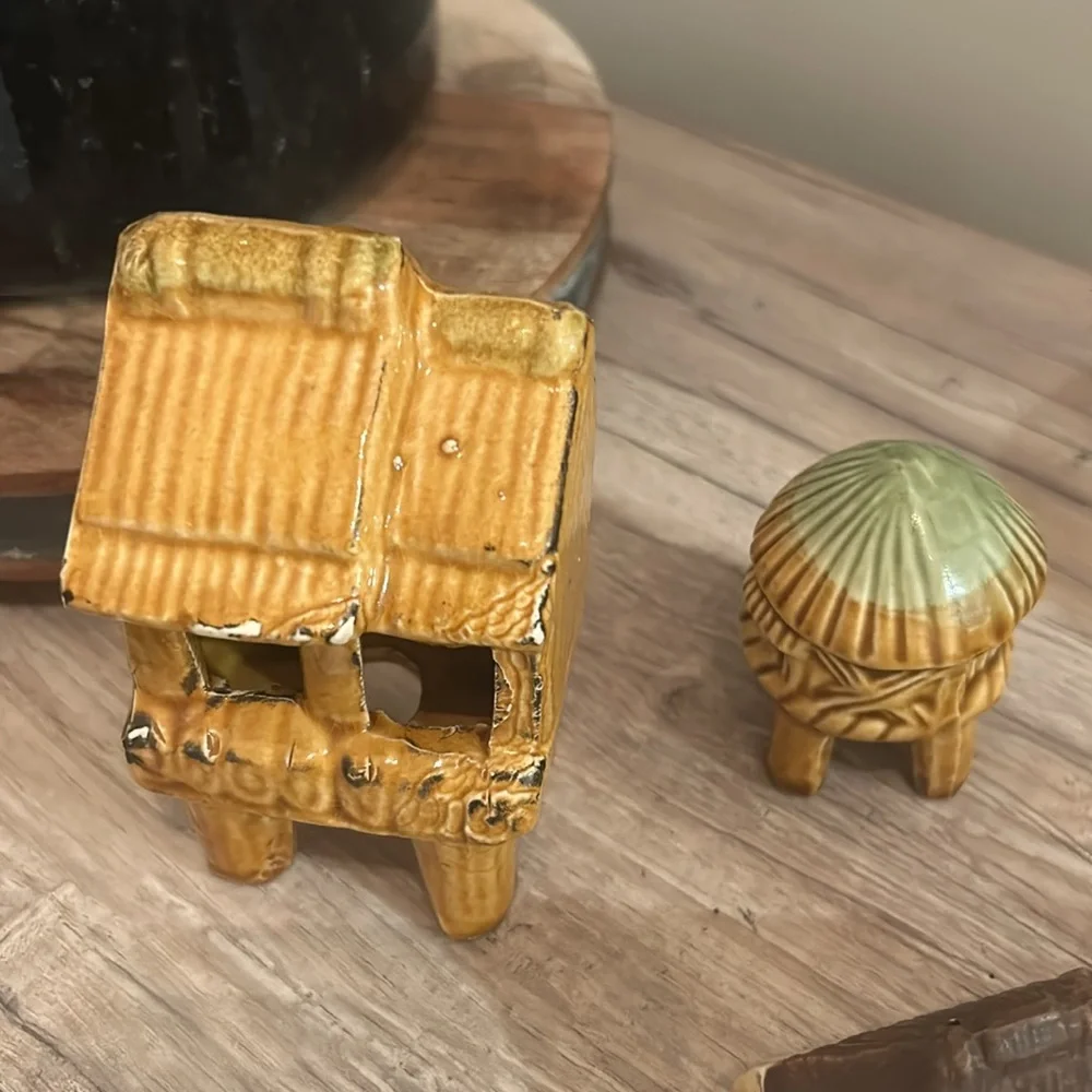 Tiki hut fish bowl tank mid century aquarium decor set